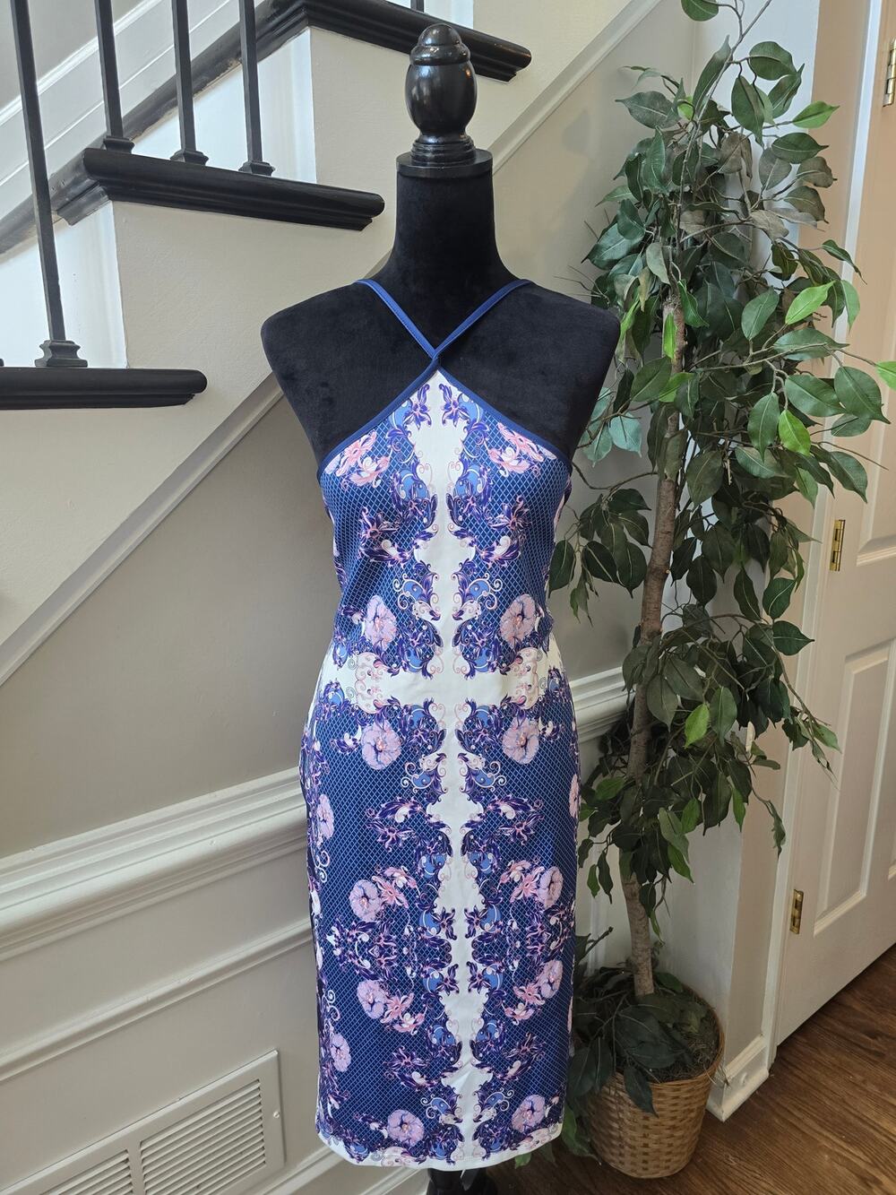 Venus Sheath Dress Women's Large Blue/Pink Floral Cross-Front Spaghetti Straps